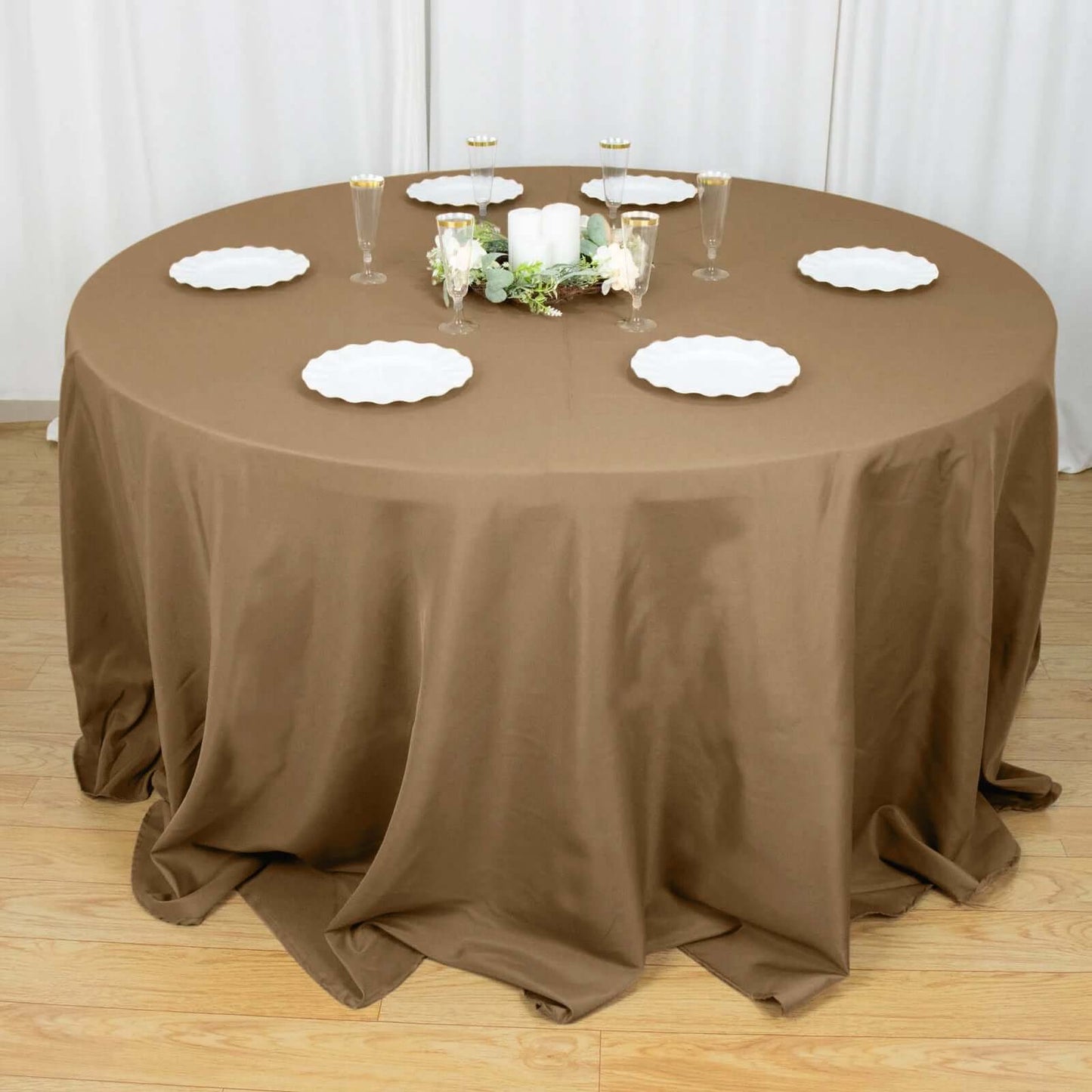 Polyester 132" Round Tablecloth Taupe - Seamless Chic Table Cover