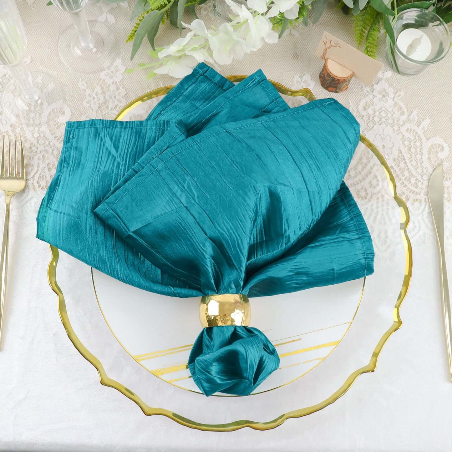 5 Pack Taffeta 20"x20" Napkins Peacock Teal - Accordion Crinkle Dinner Napkins