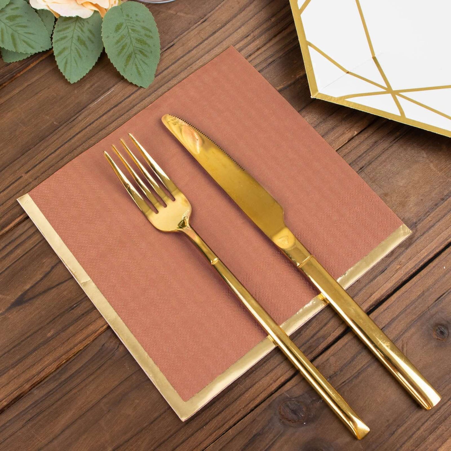 50-Pack Paper Beverage Napkins with Gold Foil Edge Terracotta (Rust) - Disposable 2 Ply Cocktail Napkins for Events 6.5"x6.5"