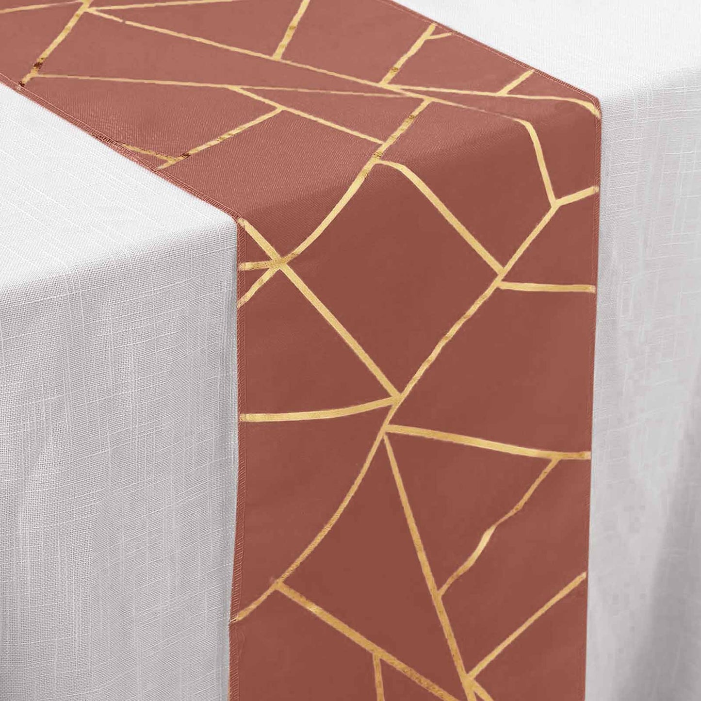 Polyester 9ft Table Runner Terracotta (Rust) with Gold Foil Modern Geometric Accent