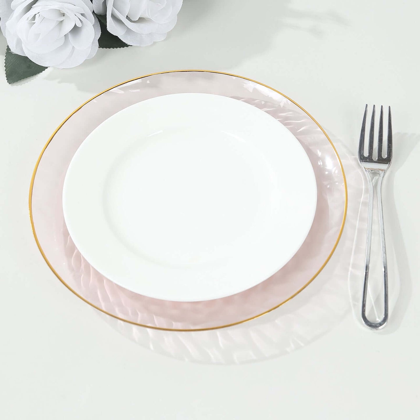 10-Pack Plastic 9" Round Dinner Plates in Transparent Blush Hammered Design with Gold Rim - Modern Disposable Party Plates