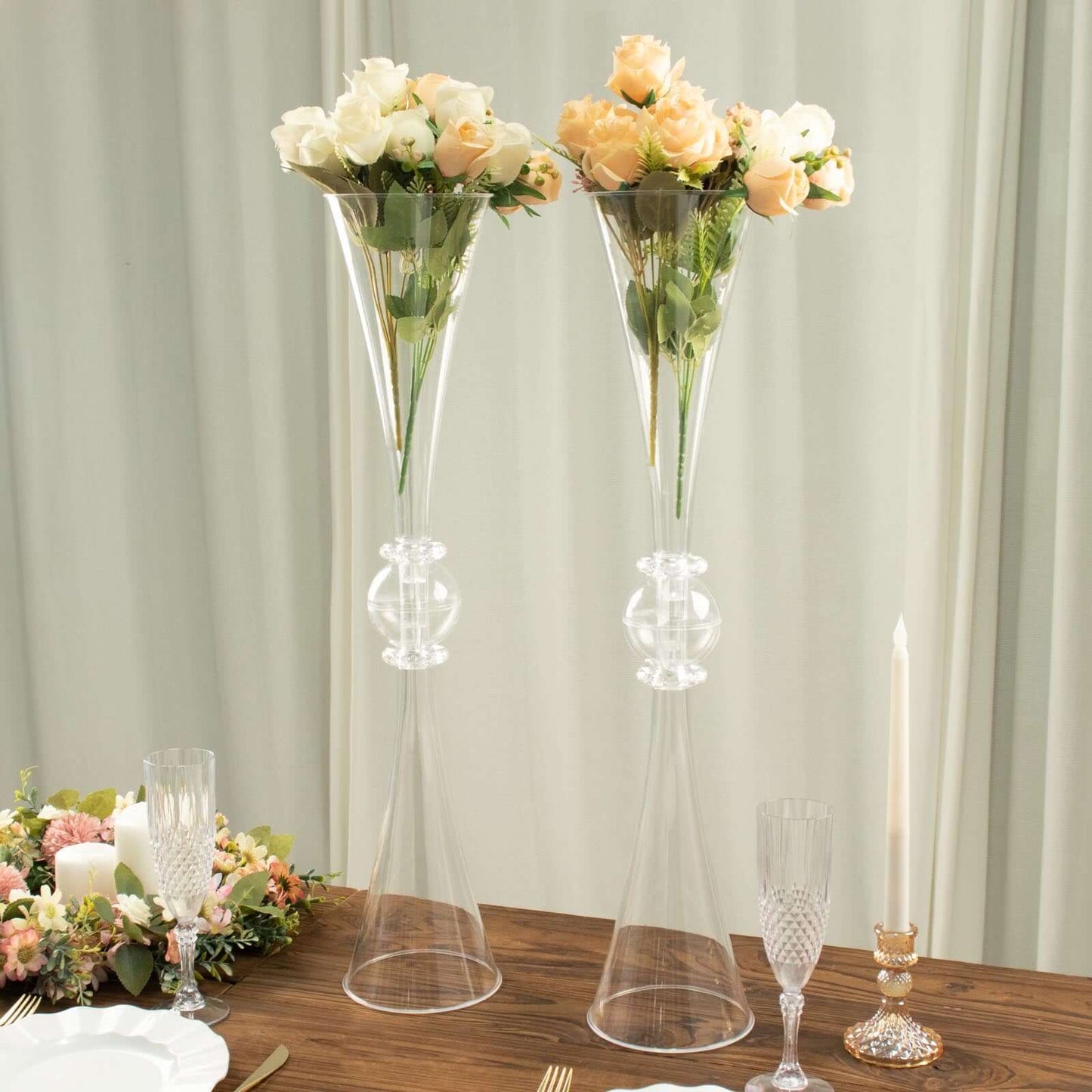 2-Pack Flower Vases Trumpet Design with Crystal Embellishments Clear - Reversible Plastic Centerpieces for Events 27"