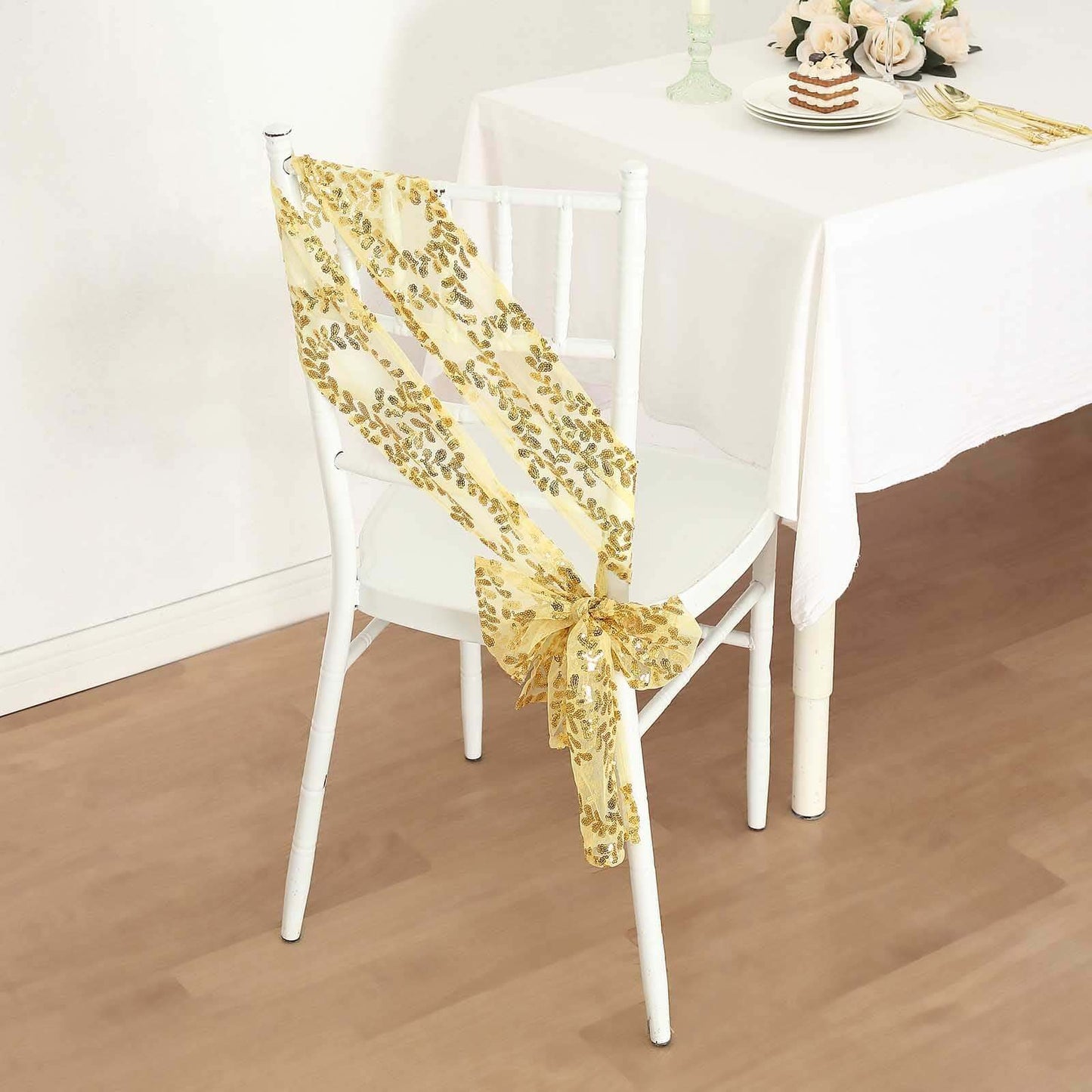 5 Pack Tulle Chair Sashes with Leaf Vine Embroidered Sequins Gold 6"x88" - Stylish Decor for Weddings