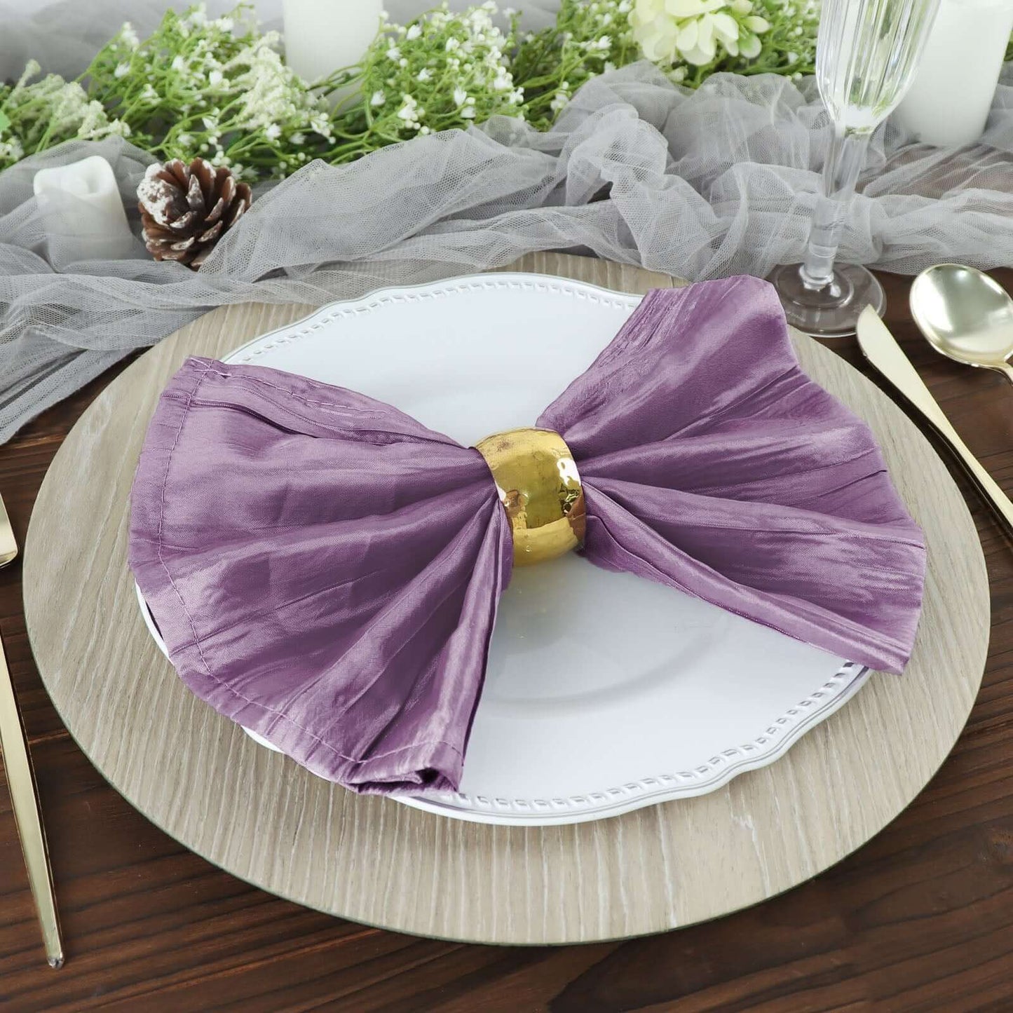 5 Pack Taffeta 20"x20" Napkins Violet Amethyst - Accordion Crinkle Dinner Napkins