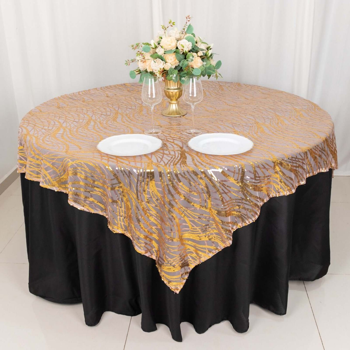 Mesh 72"x72" Table Overlay Square Tablecloth Rose Gold/Gold - Wave Embroidered Sequins Table Topper