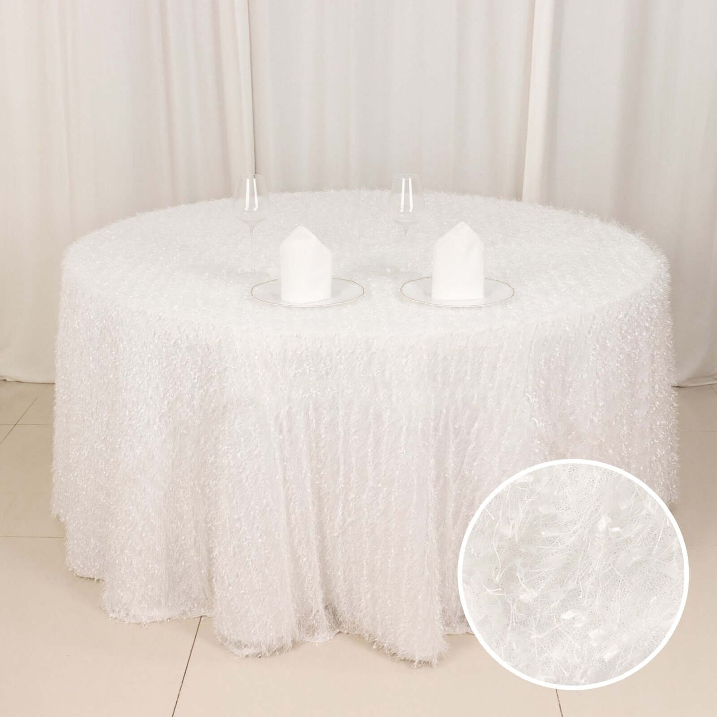 Polyester 120" Round Tablecloth White with Shaggy Fringe Design - Exquisite Table Cover