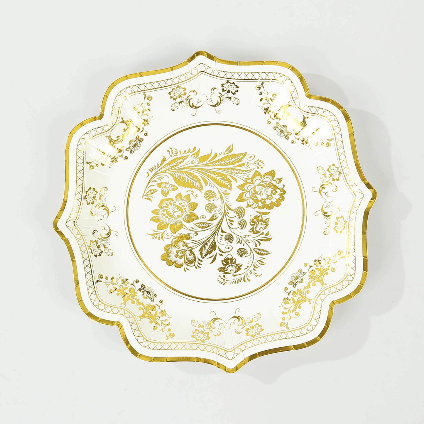 25-Pack Paper Dinner Plates in White Gold Damask Floral Print & Scallop Rim - Stylish Disposable 300GSM Floral Party Plates 10"