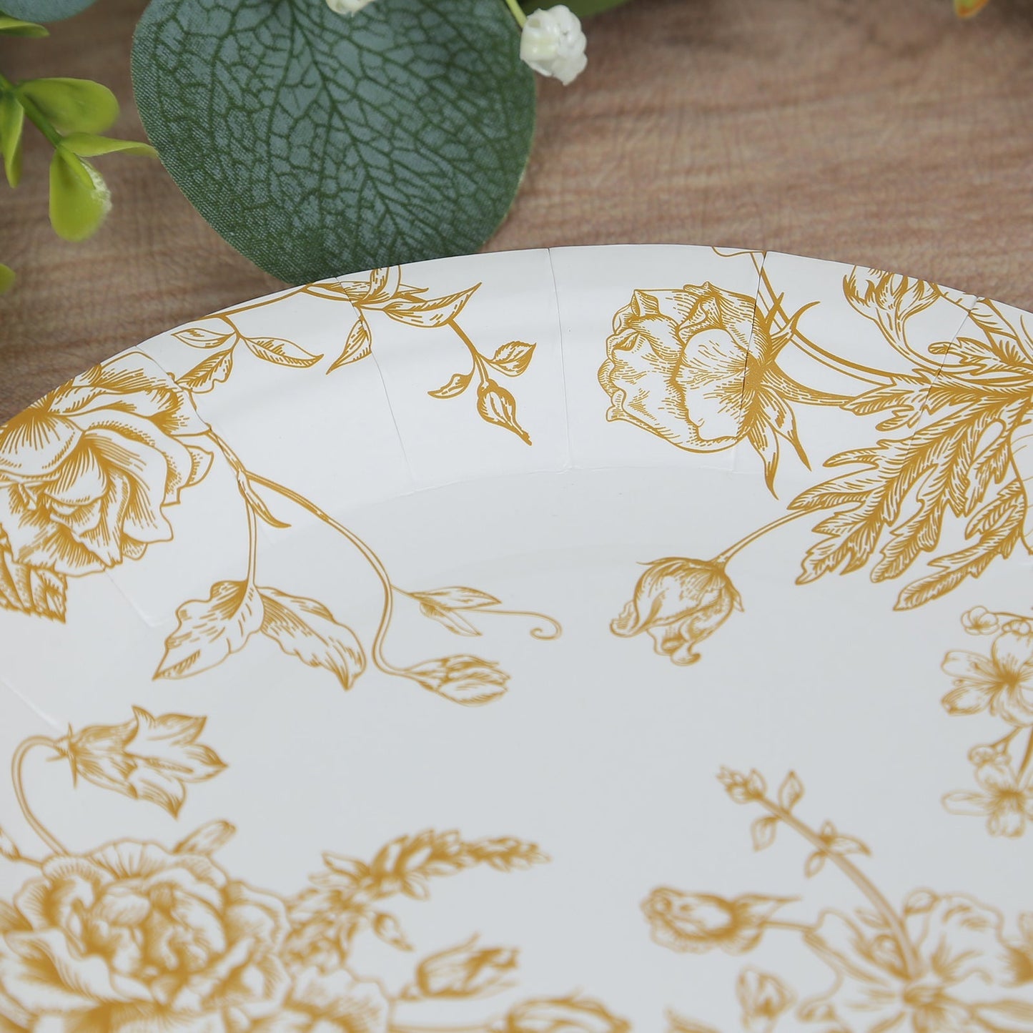 25-Pack Paper 7" Round Dessert Plates in White with Gold French Toile Pattern - Disposable Floral Salad Appetizer Plates for Chic Event Decor