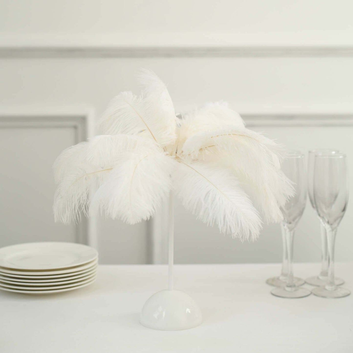 Table Lamp Ostrich Feather Design White LED Battery Operated - Cordless Wedding Centerpiece 15"