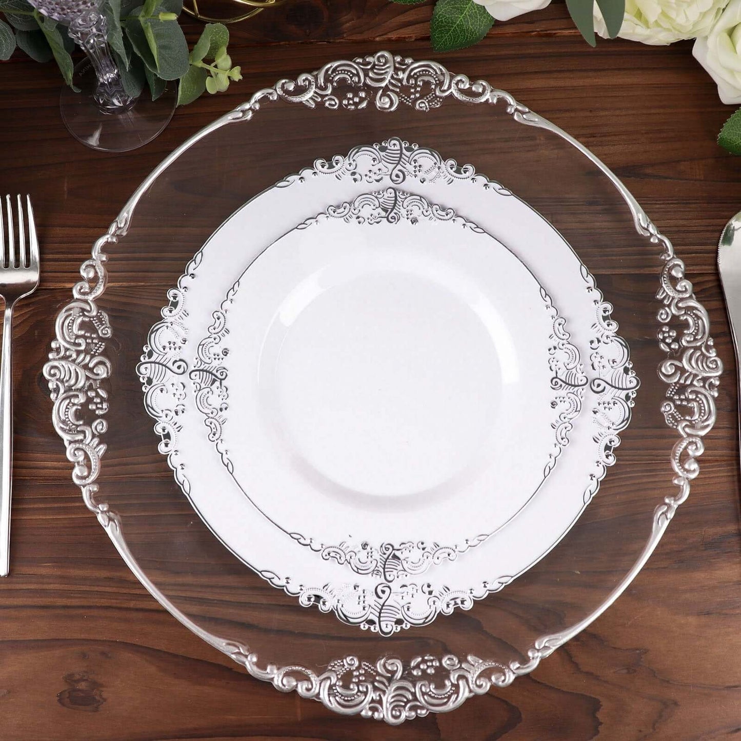 10-Pack Plastic 10" Round Dinner Plates in White with Silver Leaf Embossed Rim - Disposable Vintage Baroque Style Plates