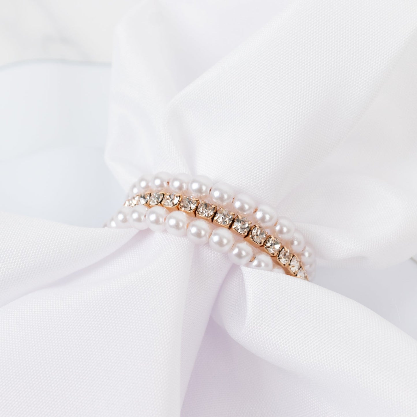 4-Pack White Pearl Rhinestone Napkin Holders, Elegant Round Napkin Rings - 2"