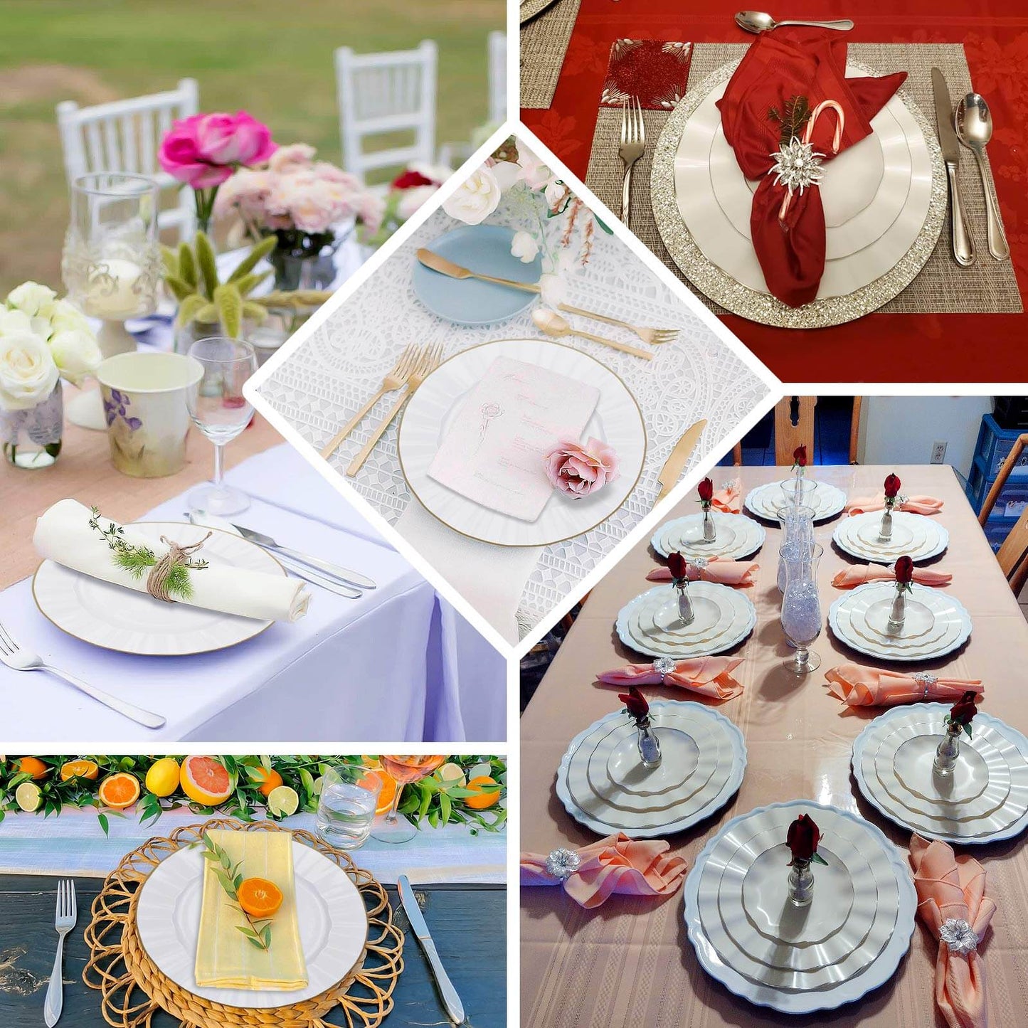 10-Pack Plastic Round 6" Dessert Plates in White Ruffled Rim with Gold Edging - Sturdy Disposable Salad Appetizer Dinnerware for Classy Events & Banquets