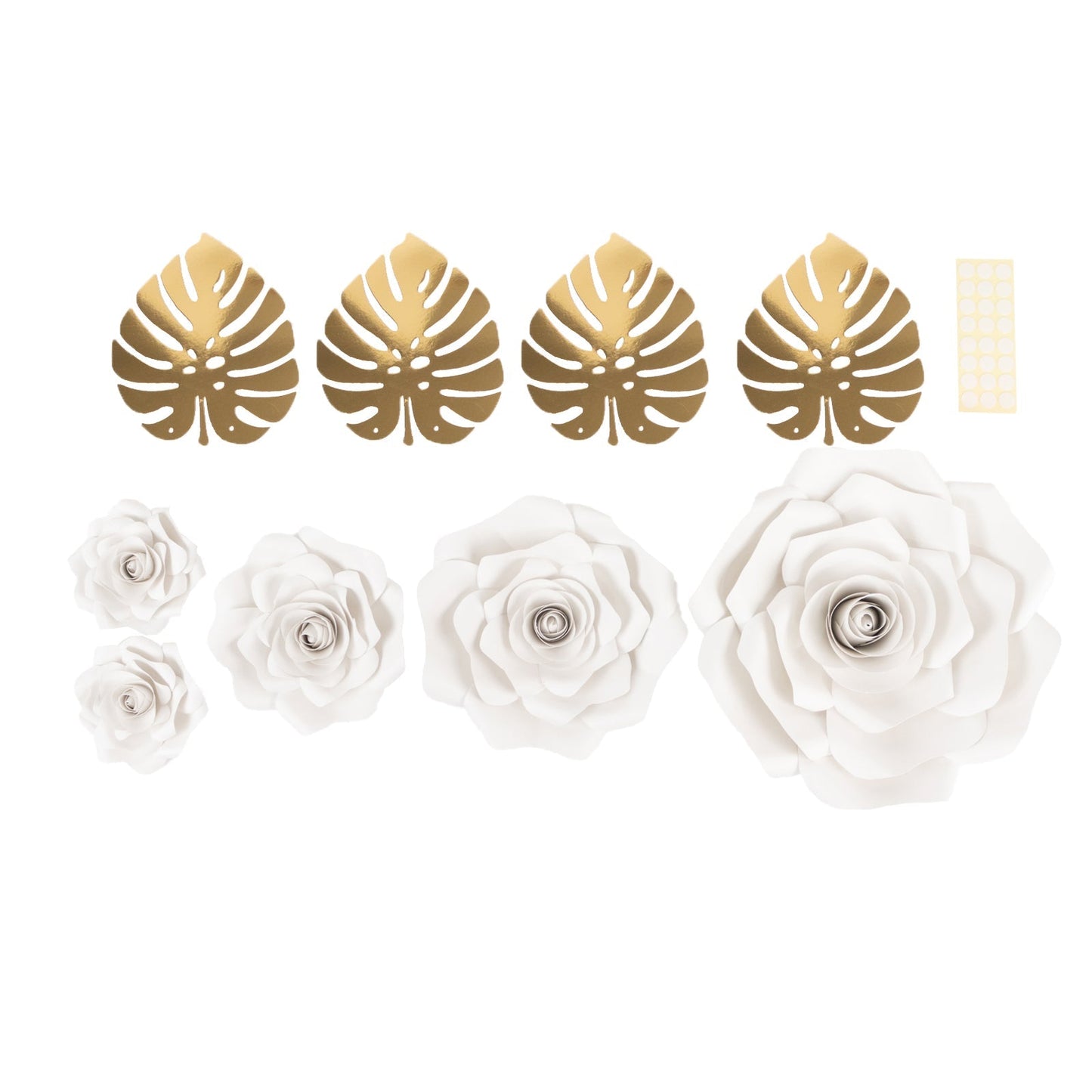 Set of 9 White 3D Rose Paper Flowers with Gold Tropical Palm Leaves, Party Flower Backdrop Hanging Wall Decor