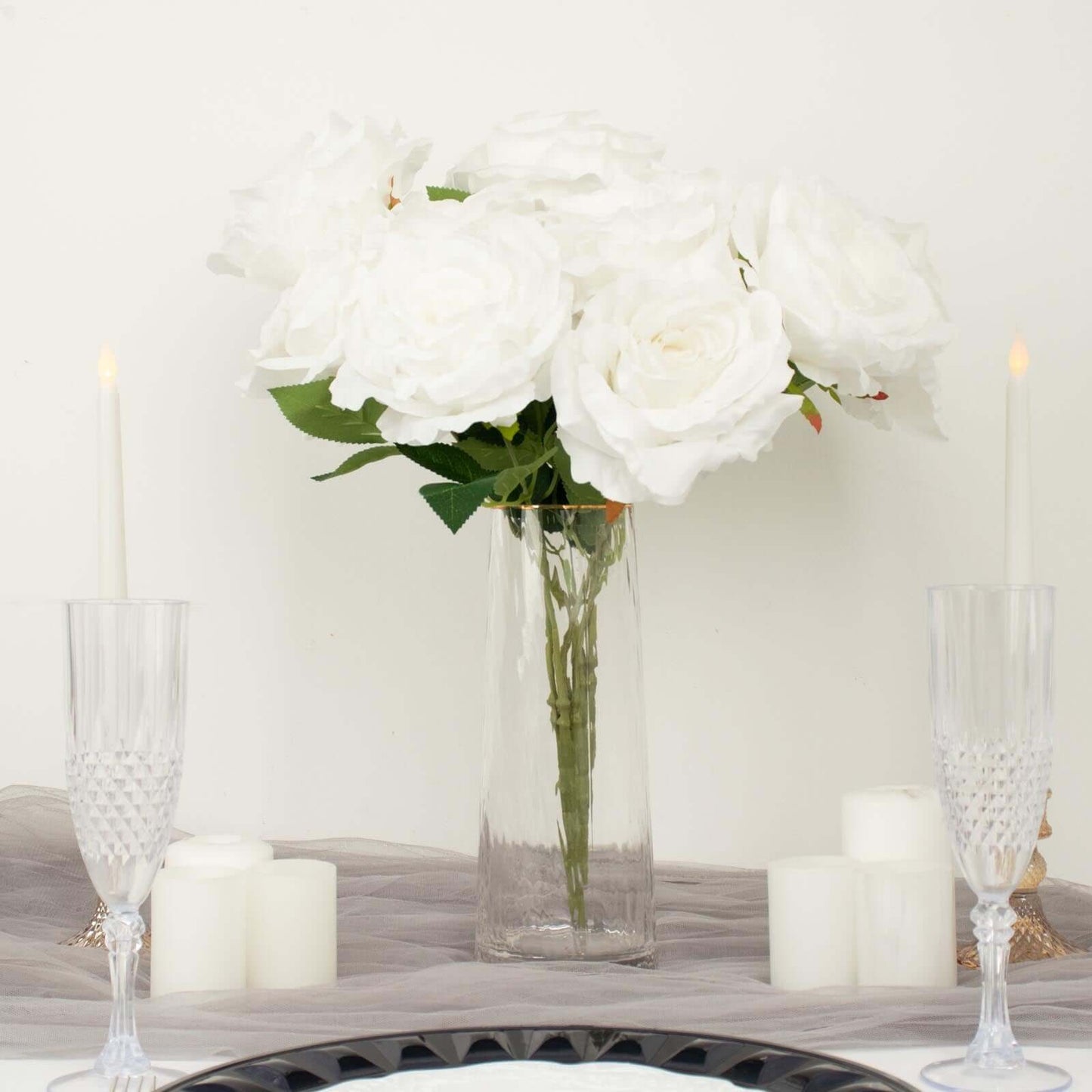 2 Bushes 17" White Premium Silk Jumbo Rose Flower Bouquet, High Quality Artificial Wedding Floral Arrangements