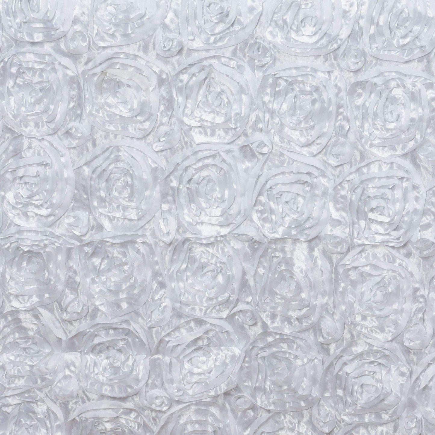 Satin 90"x156" Rectangle Tablecloth White - Grandiose 3D Rosette Design with Seamless Finish for Sophisticated Celebrations