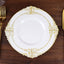 10-Pack Plastic 8" Round Dessert Plates in White with Gold Leaf Embossed Rim - Disposable Vintage Baroque Style Salad Plates for Luxurious Gatherings & Events