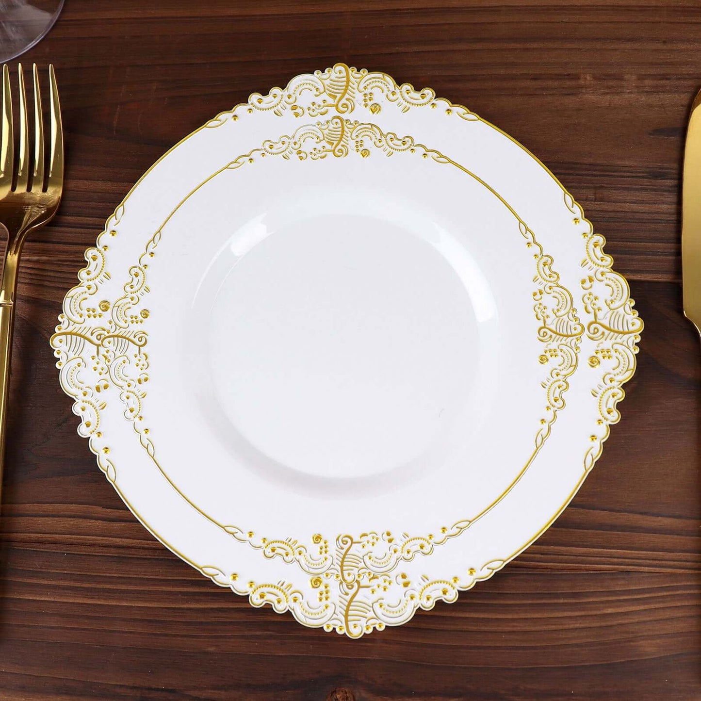 10-Pack Plastic 8" Round Dessert Plates in White with Gold Leaf Embossed Rim - Disposable Vintage Baroque Style Salad Plates for Luxurious Gatherings & Events