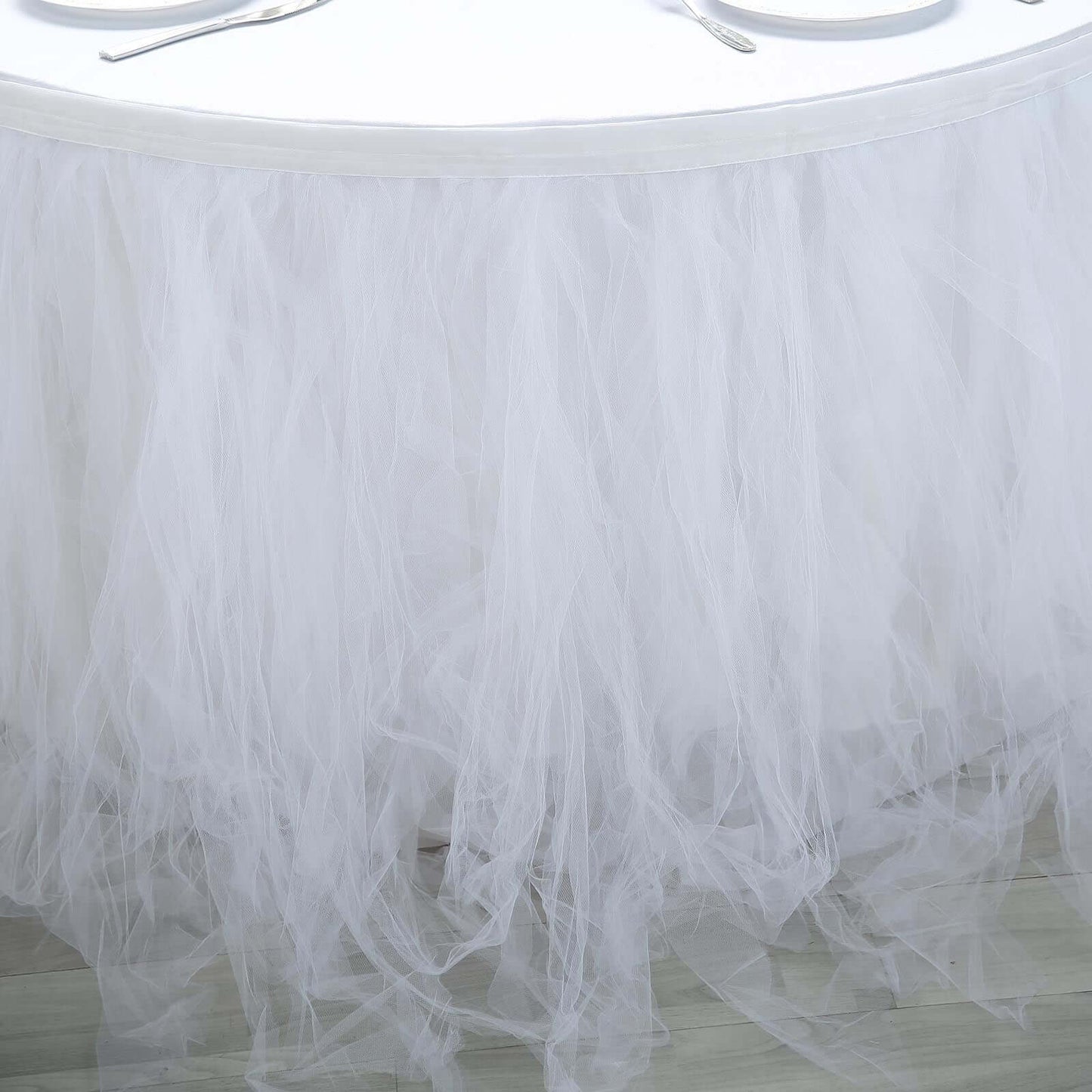 Tulle 14ft Table Skirt White - 4 Layer Pleated Tutu Chic & Soft Event Table Cover