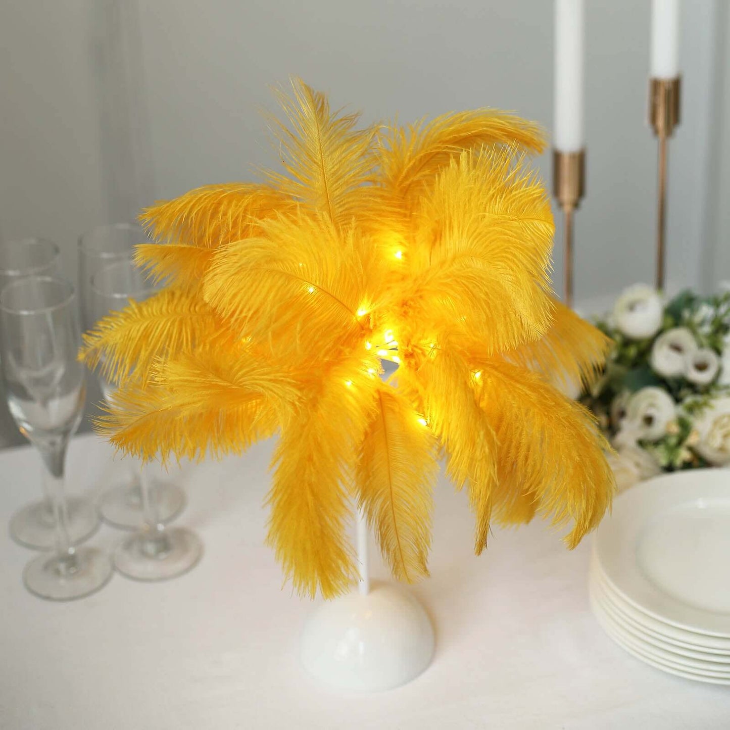 Table Lamp Ostrich Feather Design Gold LED Battery Operated - Cordless Wedding Centerpiece 15"