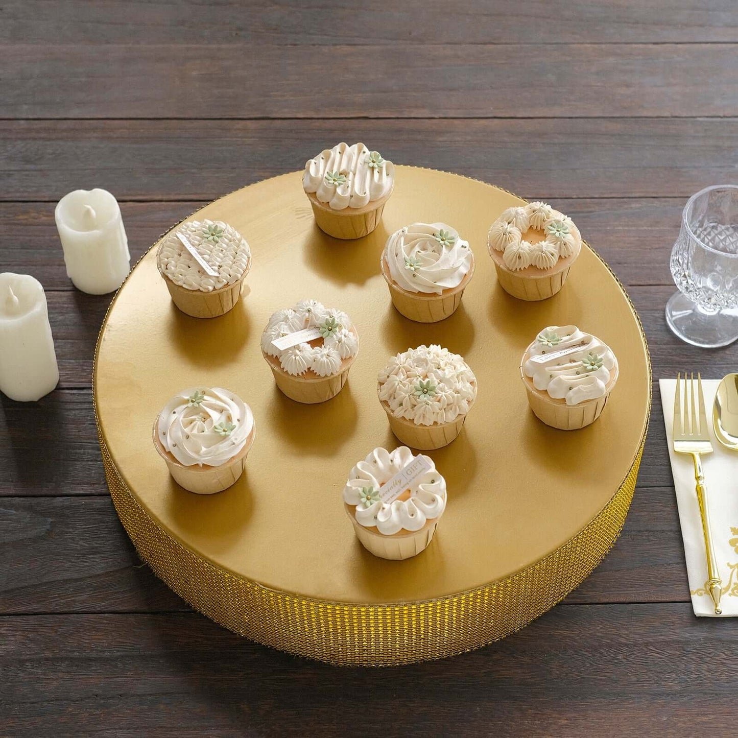 Metal Pedestal Cake Stand Round Design with Rhinestones Gold - Cupcake Holder and Dessert Table Centerpiece 16"