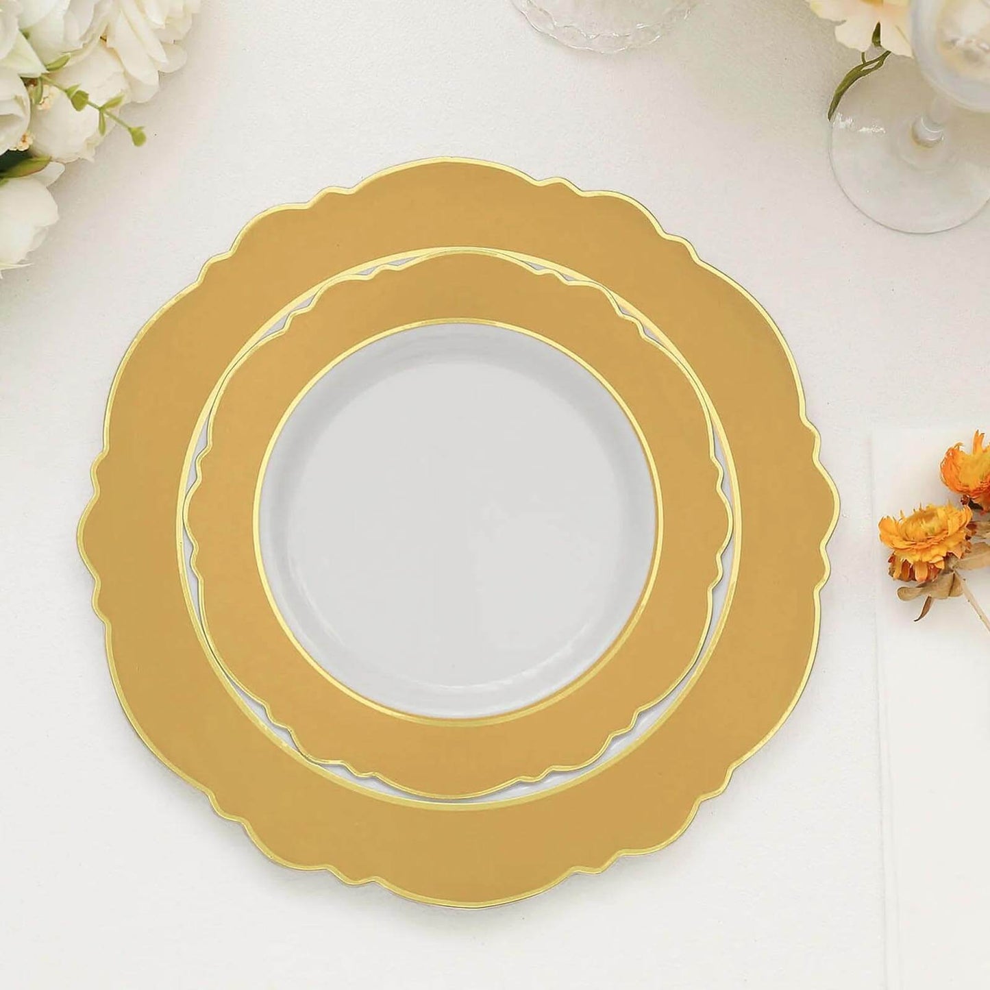 10-Pack Plastic 8" Round Dessert Plates in White with Gold Blossom Design & Gold Edging - Disposable Salad Appetizer Plates for Modern & Classy Table Decor