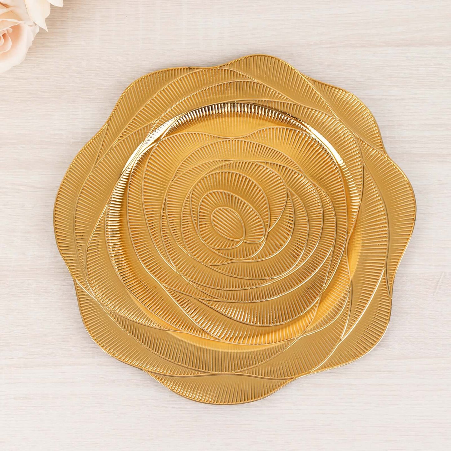 6-Pack Acrylic Round Charger Plates 13" in Metallic Gold with Ribbed Rose Pattern, Event Tabletop Decorative Charger Tableware