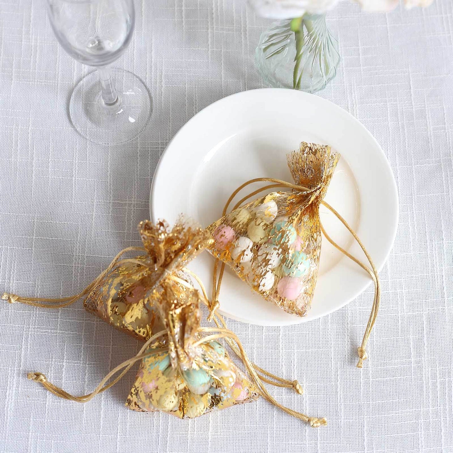 12 Pack Metallic Gold Foil Polyester Drawstring Candy Bags, Wedding Party Favor Bags - 4"x5"