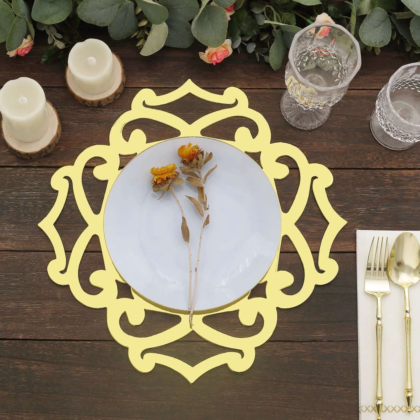 6-Pack Disposable Table Placemats in Metallic Gold Laser Cut Flower Design - 700GSM Cardboard Placemats for Glamorous Table Settings 13"