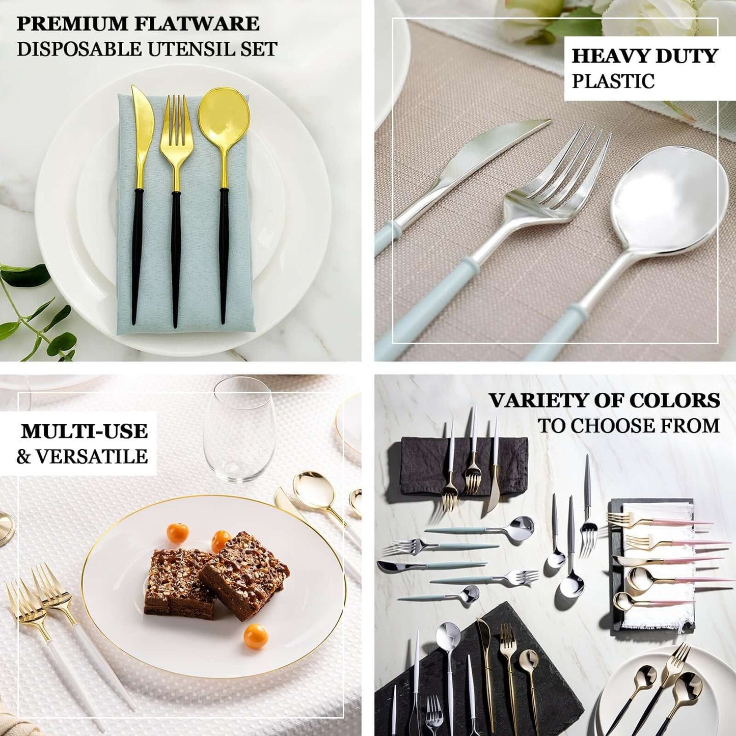 24-Pack Plastic Flatware Set in Metallic Gold with Blush Handle - Heavy Duty Disposable Modern Silverware 8"