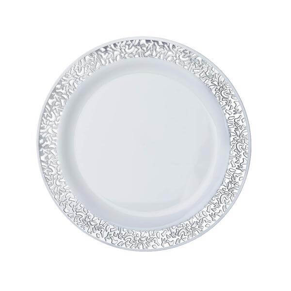 10-Pack Dessert Plates Lace Rim Design White with Silver - Plastic Disposable Appetizer Plates for Events 6"