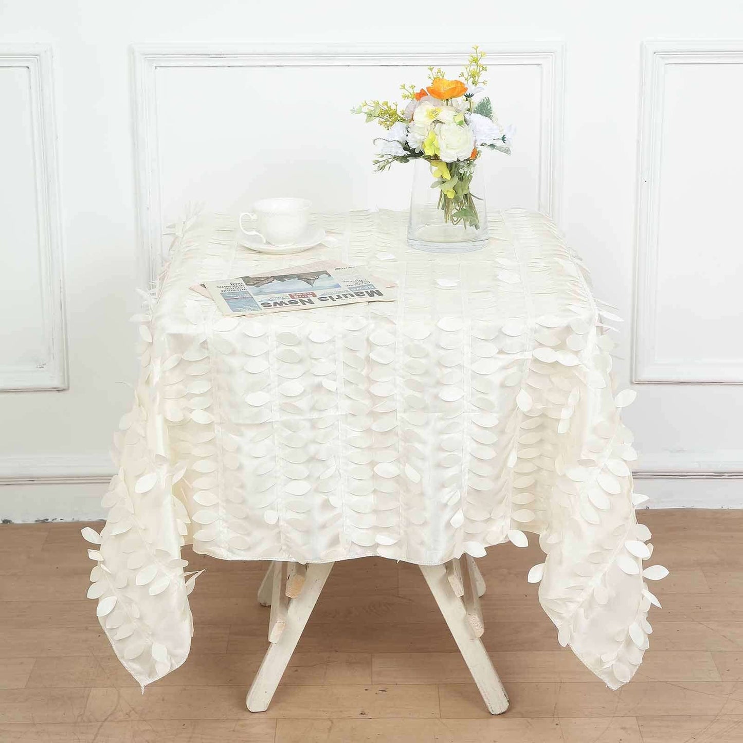Taffeta 54"x54" Square Tablecloth Ivory 3D Leaf Petal Table Cover