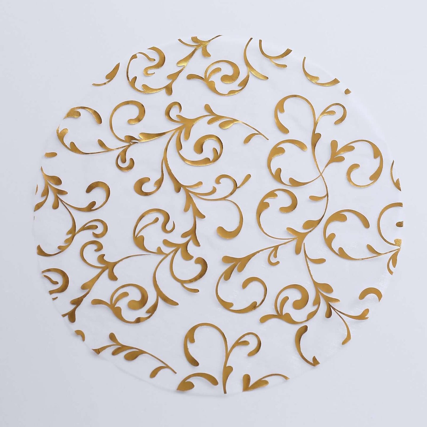 10-Pack Table Placemats Embossed Foil Flower Design Metallic Gold Round - Sheer Organza Disposable Mats 13"