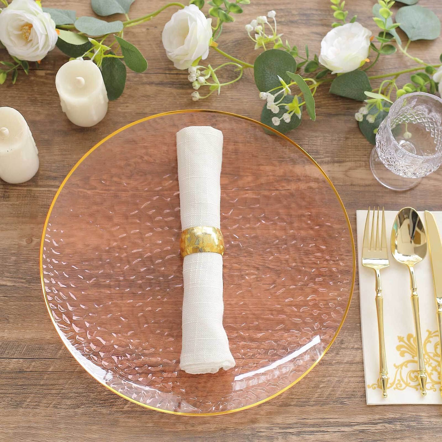 10 Pack Economy Plastic Round Charger Plates 13" in Transparent Blush Hammered Design with Gold Rim, Decorative Dinner Party Serving Plates