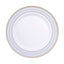 10-Pack Plastic 10" Round Dinner Plates in White with Gold Navy Blue Chord Rim - Renaissance Style Disposable Plates for Events & Banquets