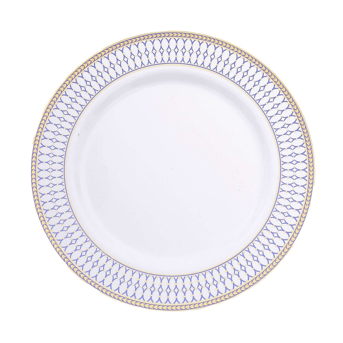 10-Pack Plastic 10" Round Dinner Plates in White with Gold Navy Blue Chord Rim - Renaissance Style Disposable Plates for Events & Banquets