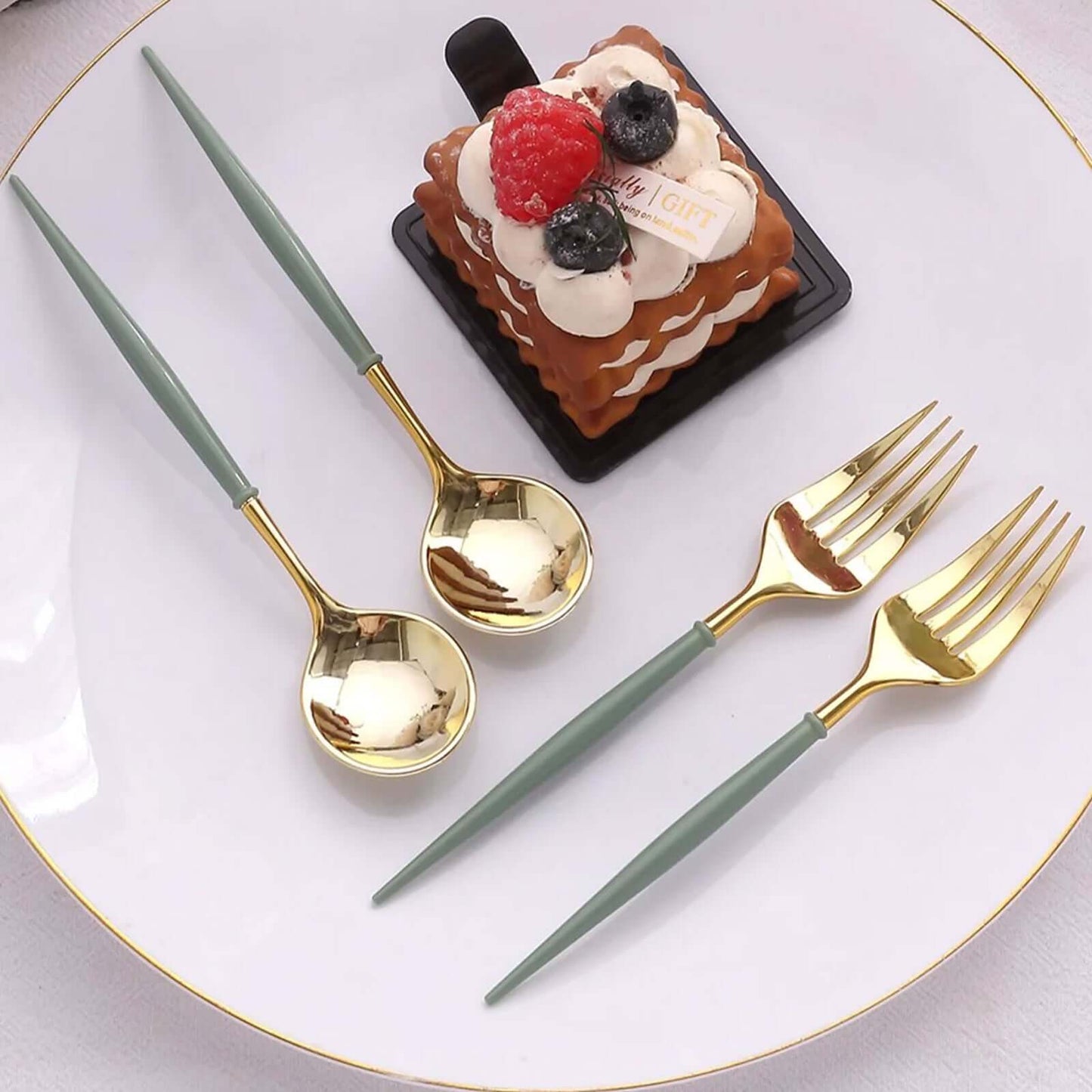 24-Pack Plastic Fork and Spoon Set Metallic Gold/Dusty Sage Green - Heavy Duty Disposable Modern Utensils 6"