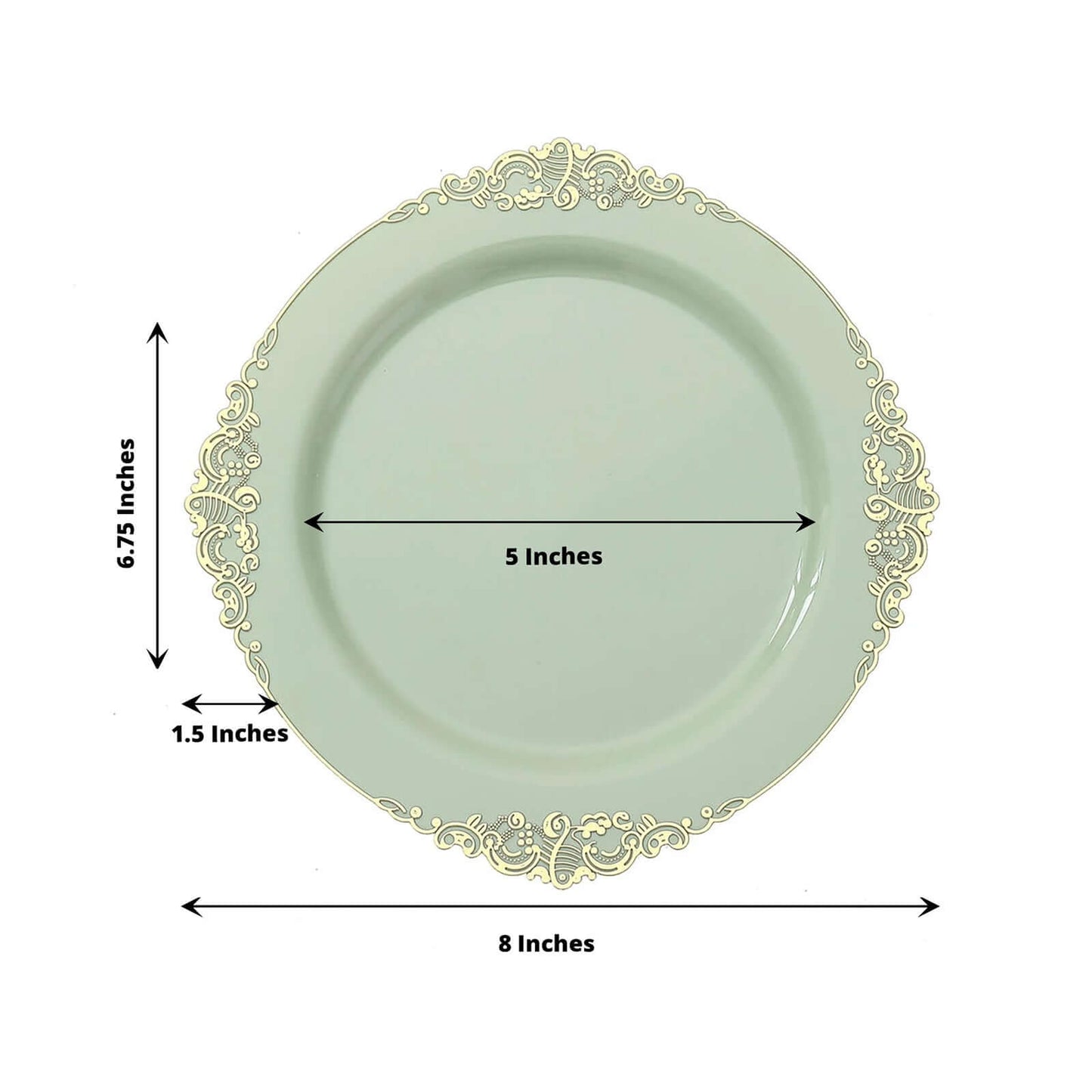 10-Pack Plastic 8" Round Dessert Plates in Sage Green with Gold Leaf Embossed Rim - Disposable Vintage Baroque Style Salad Plates