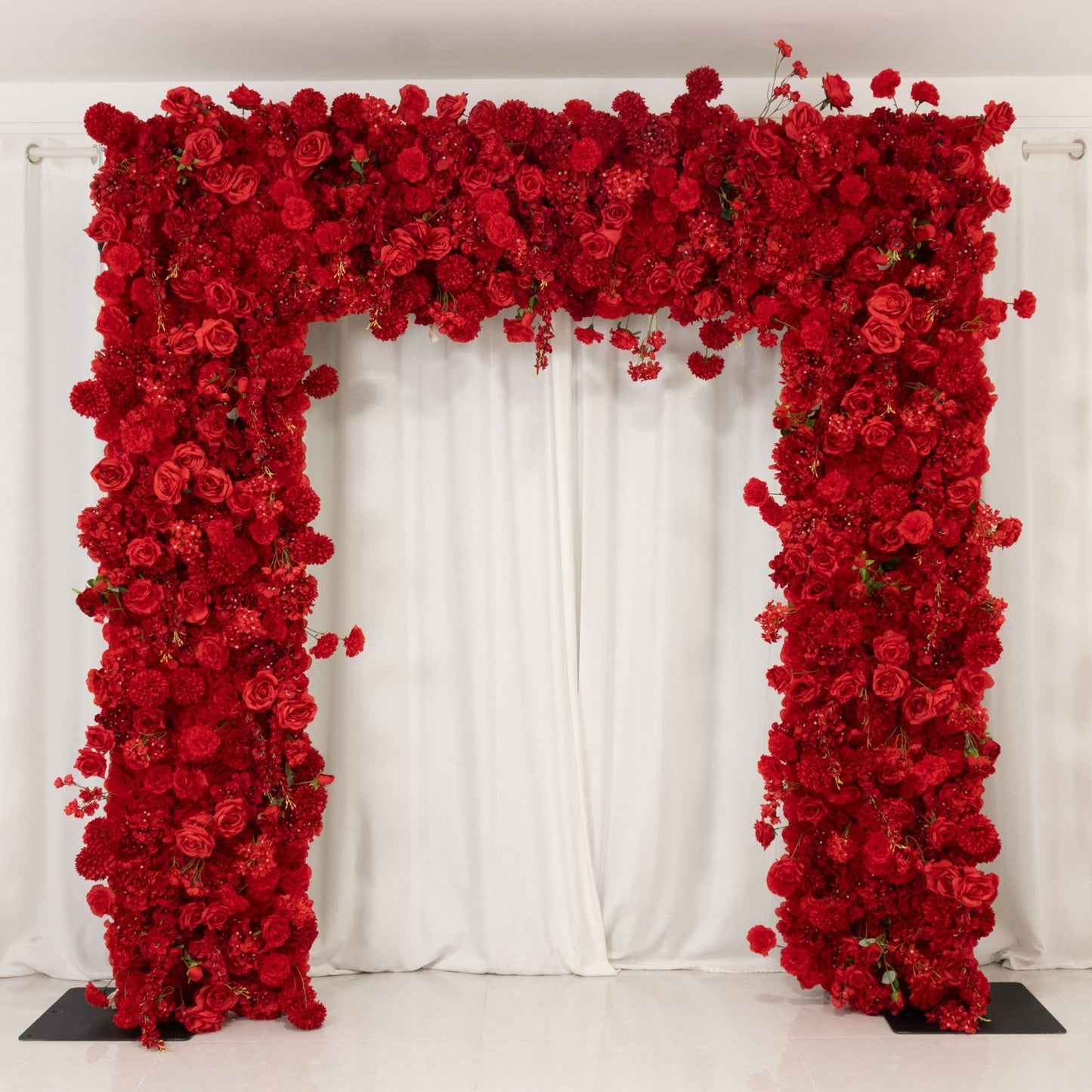 8ftx8ft Roll Up Flower Backdrop for Arch Stand, Red with Fabric Backing - Artificial Silk Roses, Hydrangeas & Chrysanthemums for Weddings