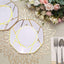 10-Pack Plastic 8" Octagon Dessert Plates in White - Modern Disposable Salad/Appetizer Plates with Gold Geometric Design for Special Occasions & Celebrations