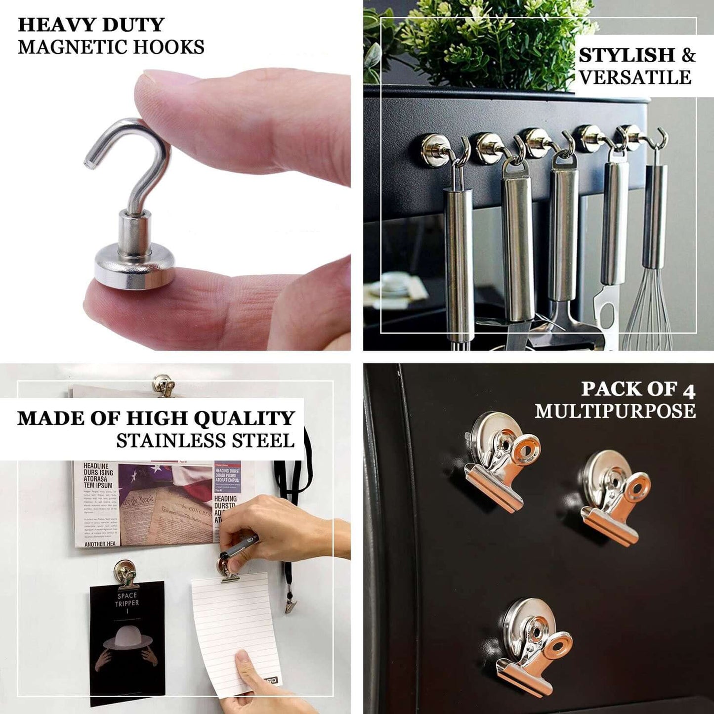 4 Pack 7.5oz Capacity Stainless Steel Heavy Duty Magnet Clips, Silver Refrigerator Bulldog Clips