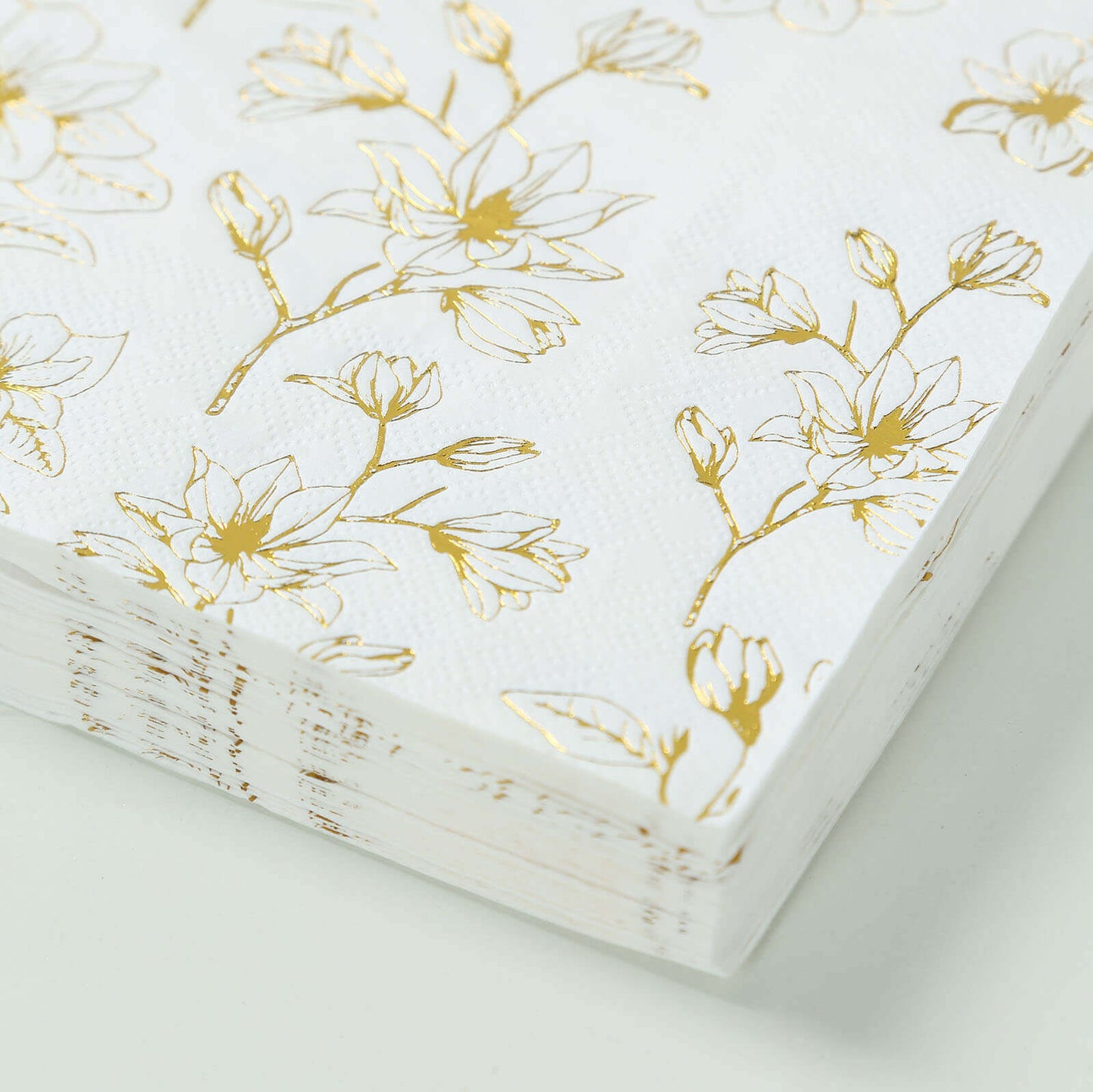 50-Pack Paper Cocktail Napkins with Gold Magnolia Flowers Print White - Highly 2 Ply Absorbent Soft Napkins for Beverages