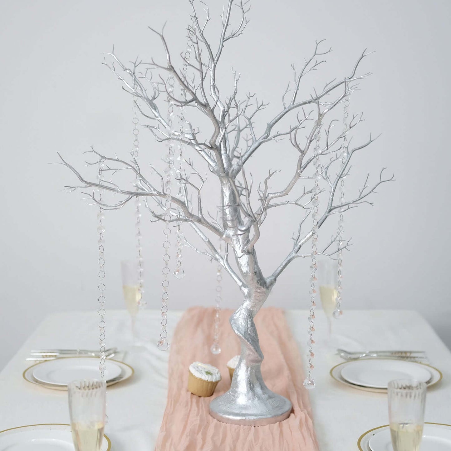 Manzanita Tree Centerpiece Metallic SIlver with 8 Acrylic Bead Chains for Weddings Parties & Event Displays 34"