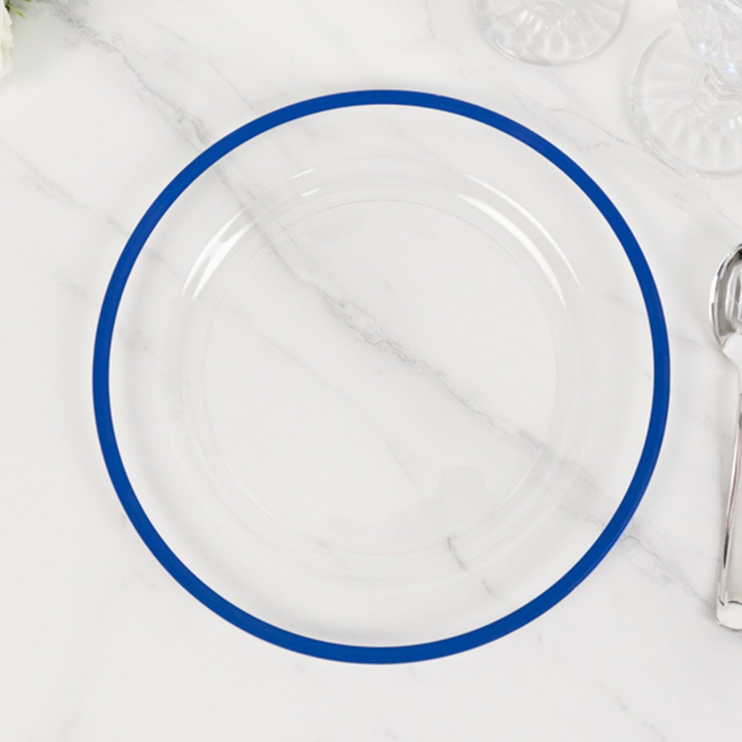 10-Pack Plastic 10" Round Dinner Plates in Clear with Blue Rim - Disposable Party Plates for Classy Banquets & Special Occasions