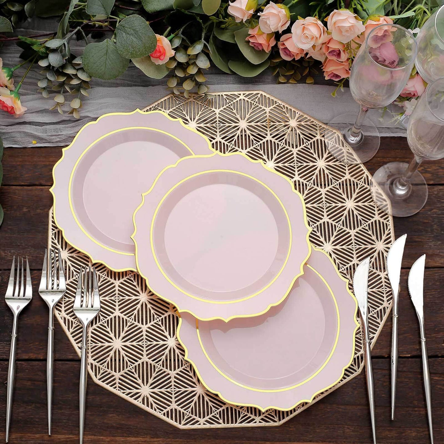 10-Pack Plastic 8" Round Dessert Plates in Blush with Gold Scalloped Rim - Disposable Appetizer/Salad Plates