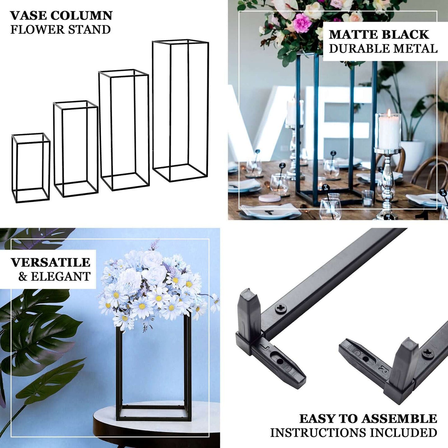 2-Pack Wedding Flower Stand Matte Black Metal Geometric Column Frame Rectangular - Versatile Floral Pedestal for Upscale Arrangements 48"
