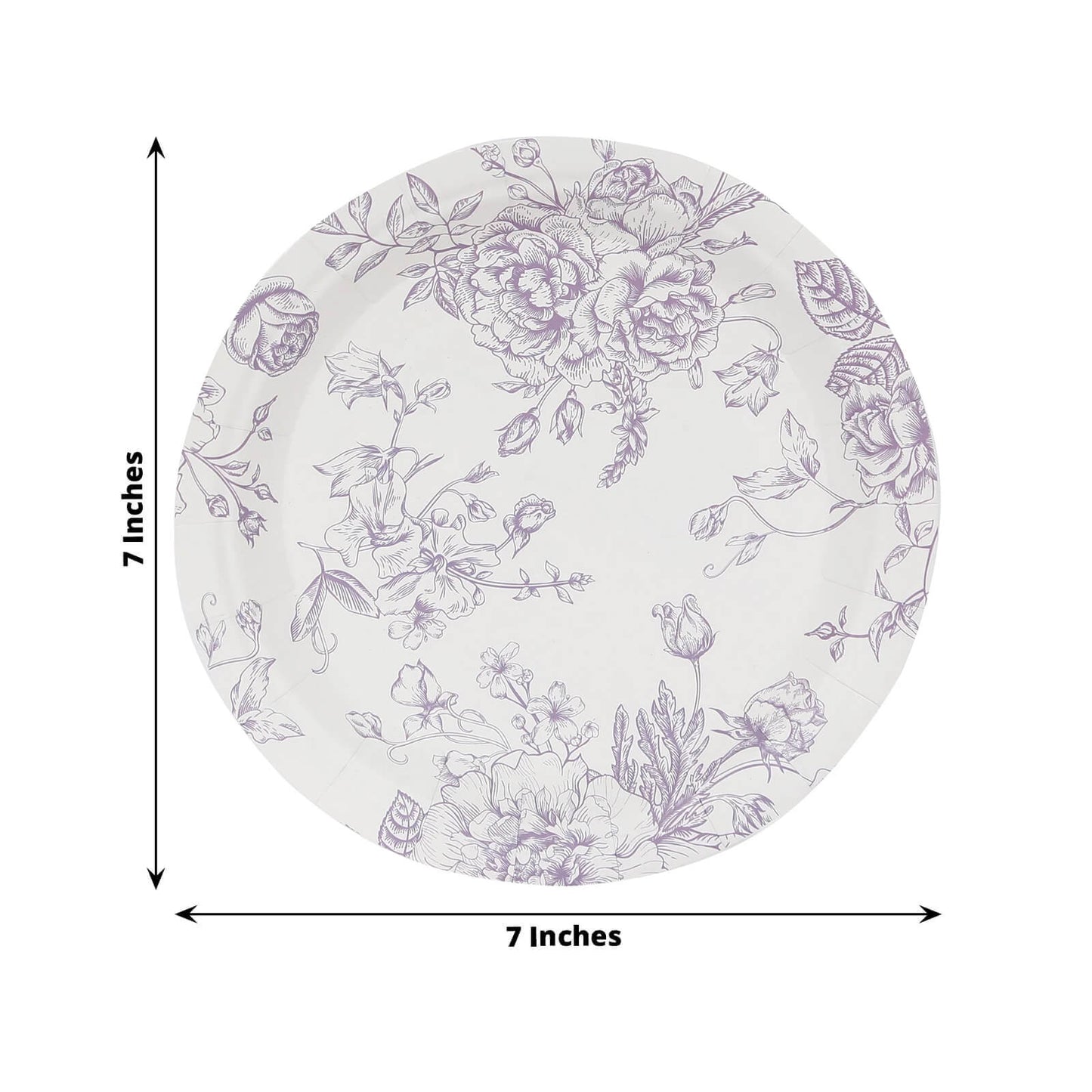 25-Pack Paper 7" Round Dessert Plates in White with Matte Lavender French Toile Pattern - Disposable Floral Salad Appetizer Plates