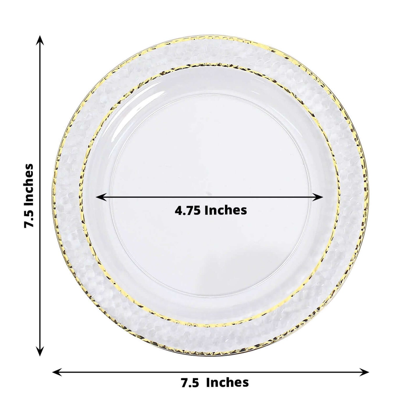 10-Pack Plastic 7.5" Round Appetizer Plates in Clear Hammered Design with Gold Rim - Disposable Salad Plates for Chic Banquets & Special Occasions