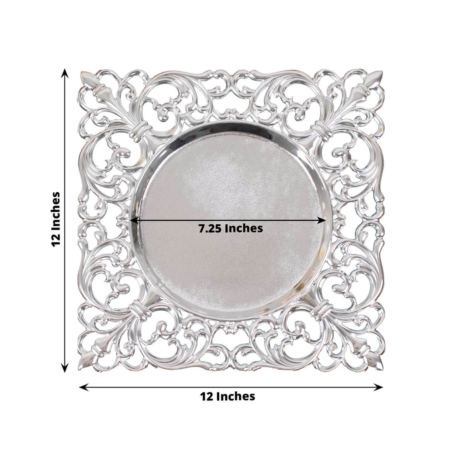 6-Pack Acrylic Square Charger Plates 12" in Silver with Hollow Lace Border, Event Tabletop Decorative Charger Tableware