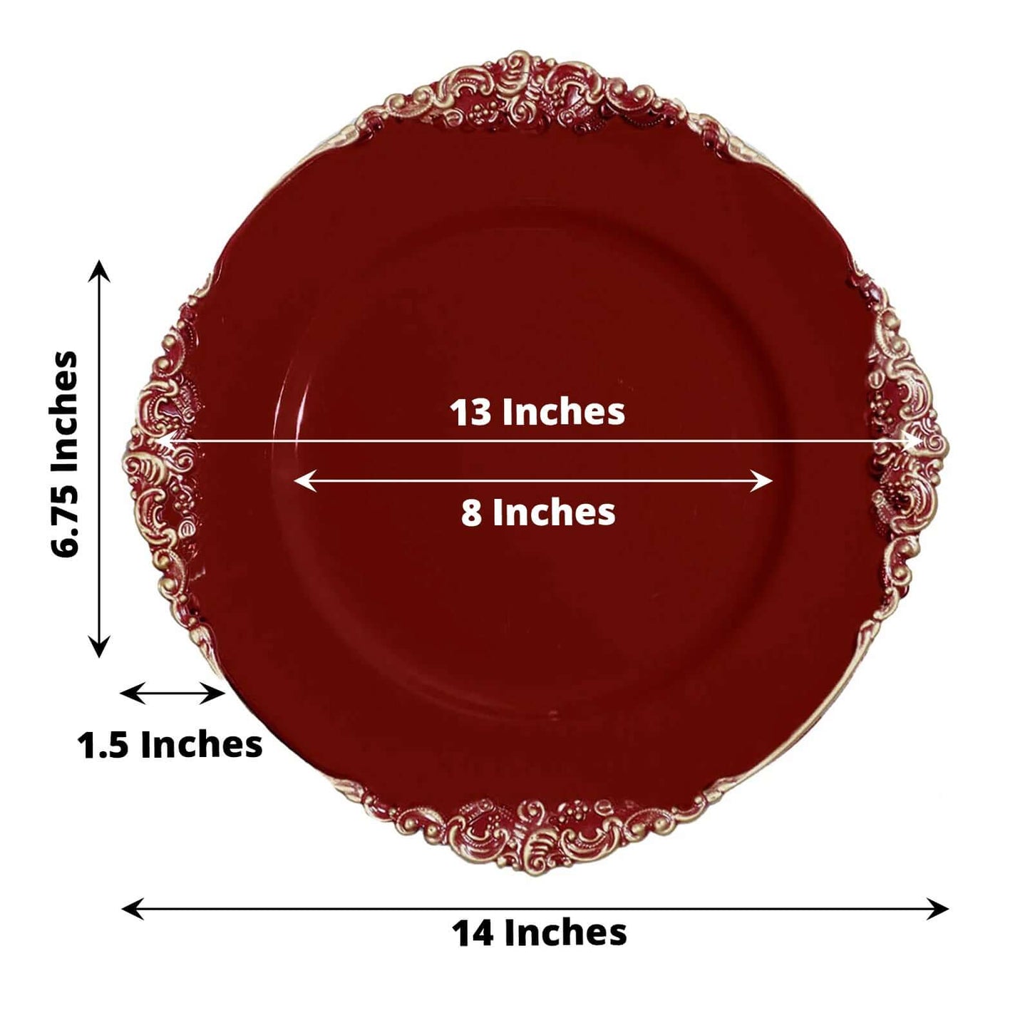 6-Pack Acrylic Round Charger Plates 13" in Burgundy with Gold Embossed Baroque Rim, Antique Decorative Dinner Party Charger Tableware