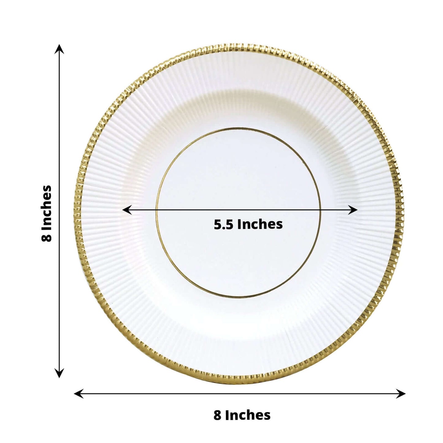 25-Pack Paper 8" Round Dessert Plates in White Sunray Design with Gold Rim - Disposable Heavy Duty 350GSM Appetizer Salad Plates for Banquets & Celebrations